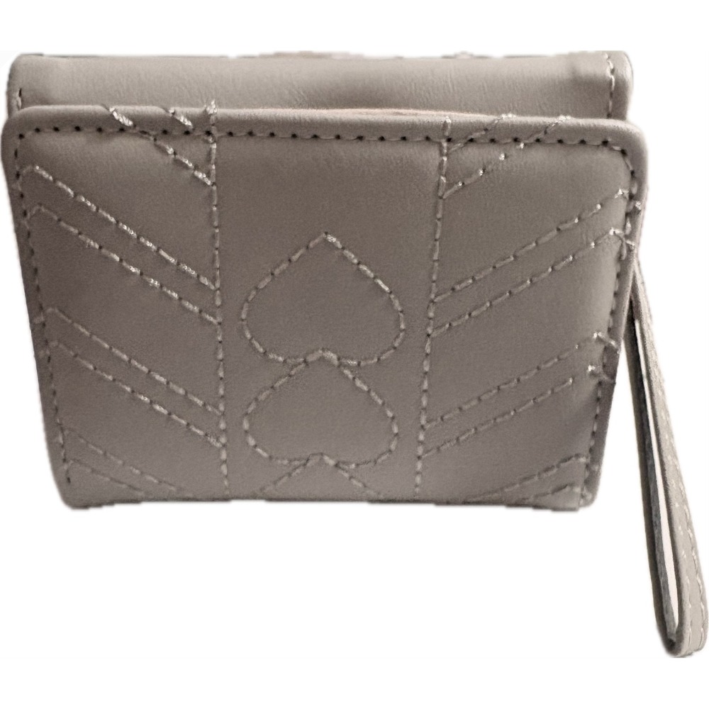 Taupe Faux Leather Heart Quilted Tri-Fold Wristlet Wallet with ID Window‎